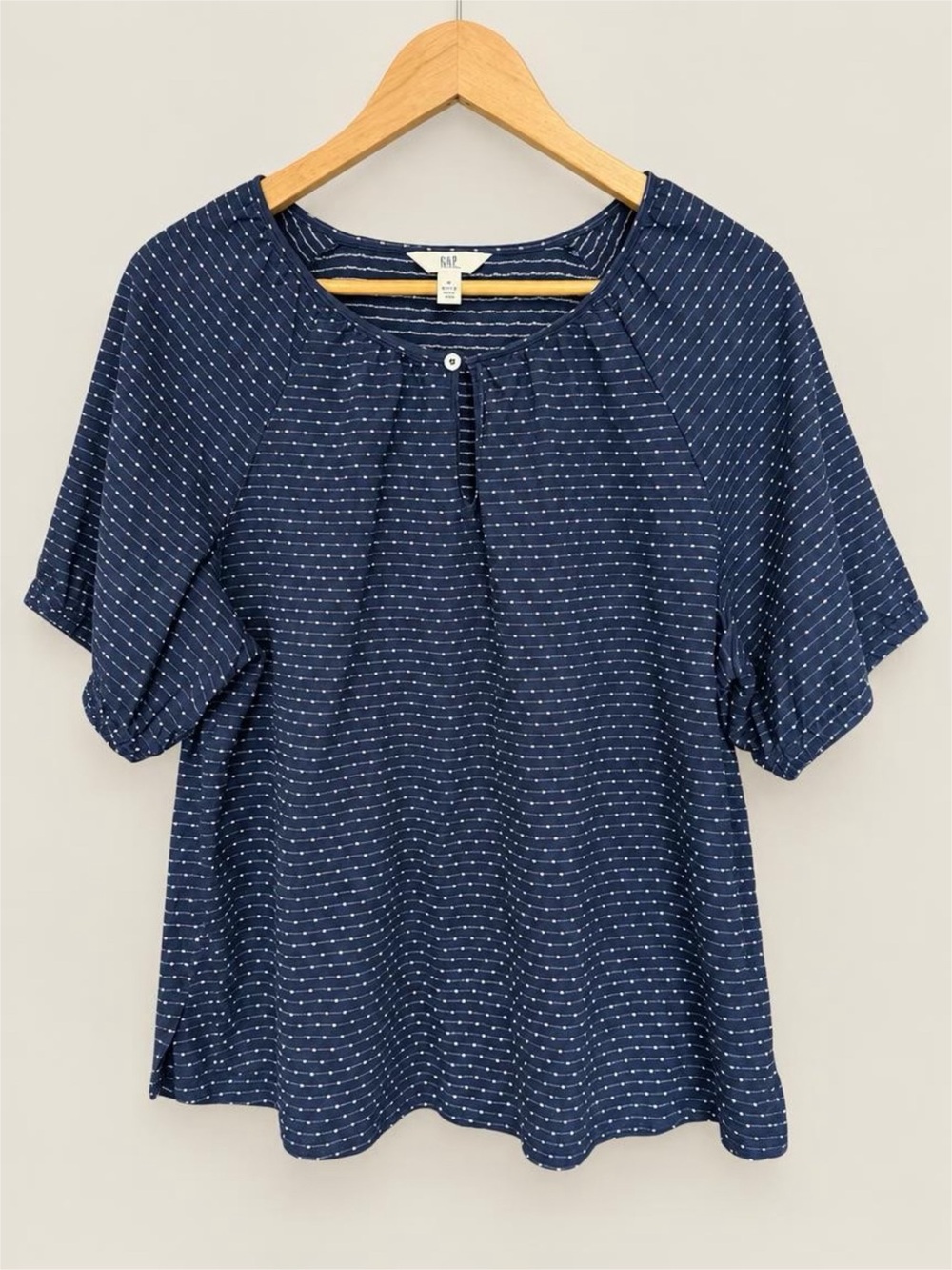 Navy Dot-Print Short Sleeve Peasant Blouse - XL